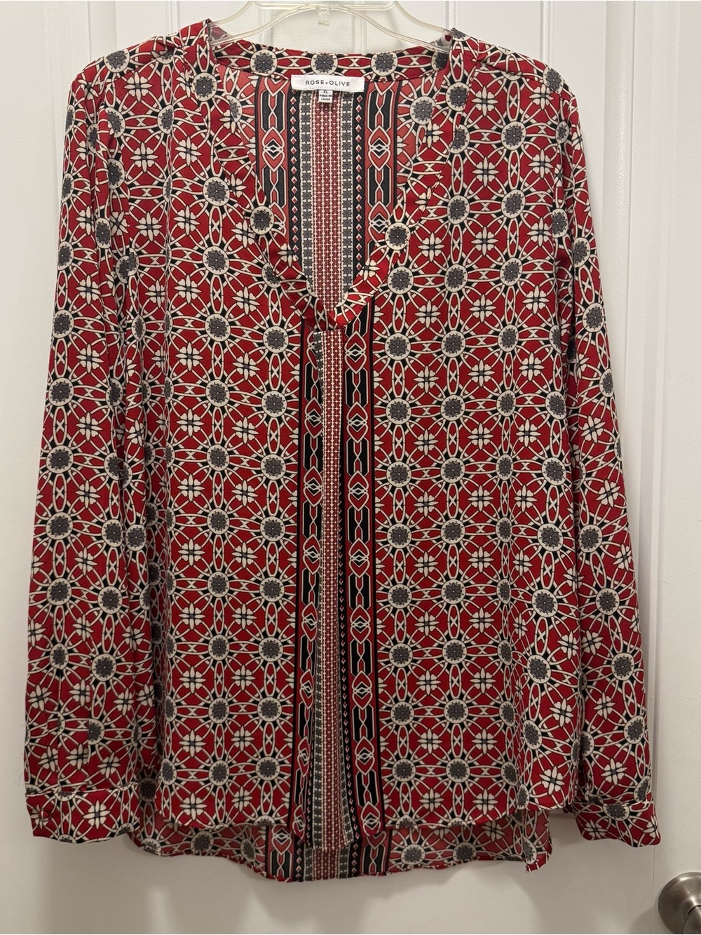 Rose + Olive XL Blouse Boho Chic Red & Cream Geometric Mosaic Tile Print V Neck